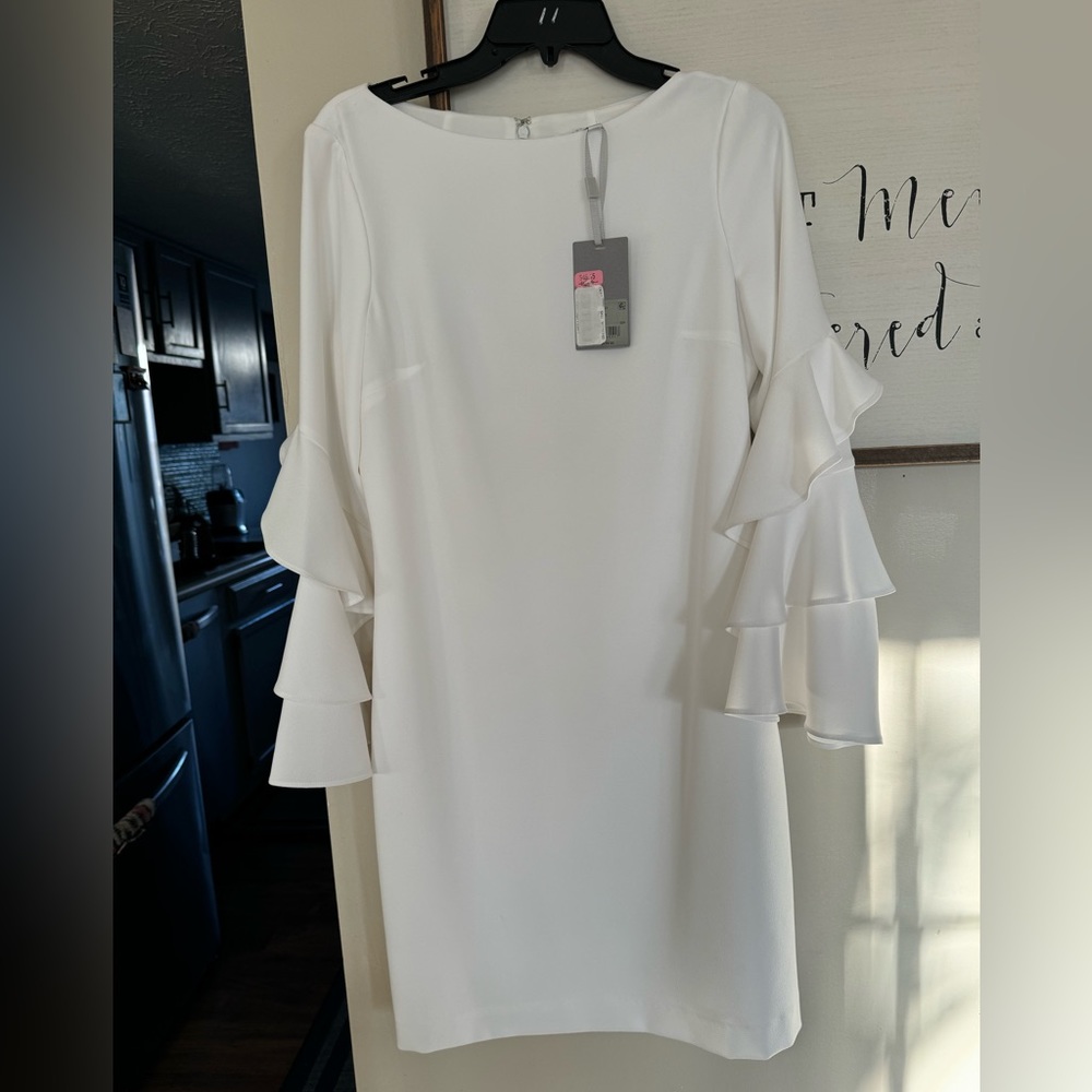 Viola Long Ruffle Sleeve Boat Neck Crepe Shift Dress